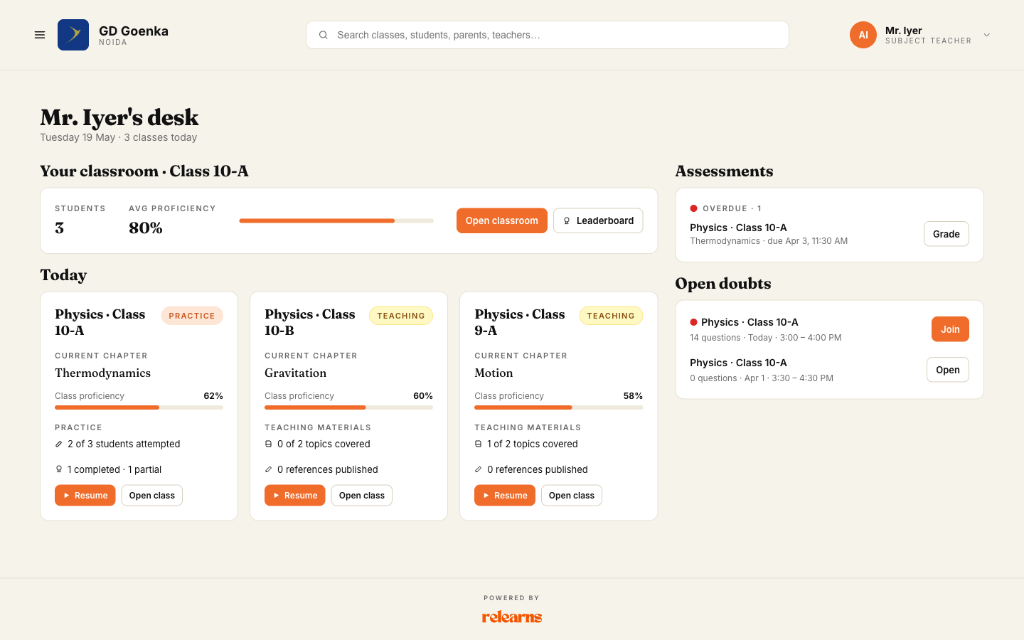 Teacher dashboard — Relearns CBSE workspace